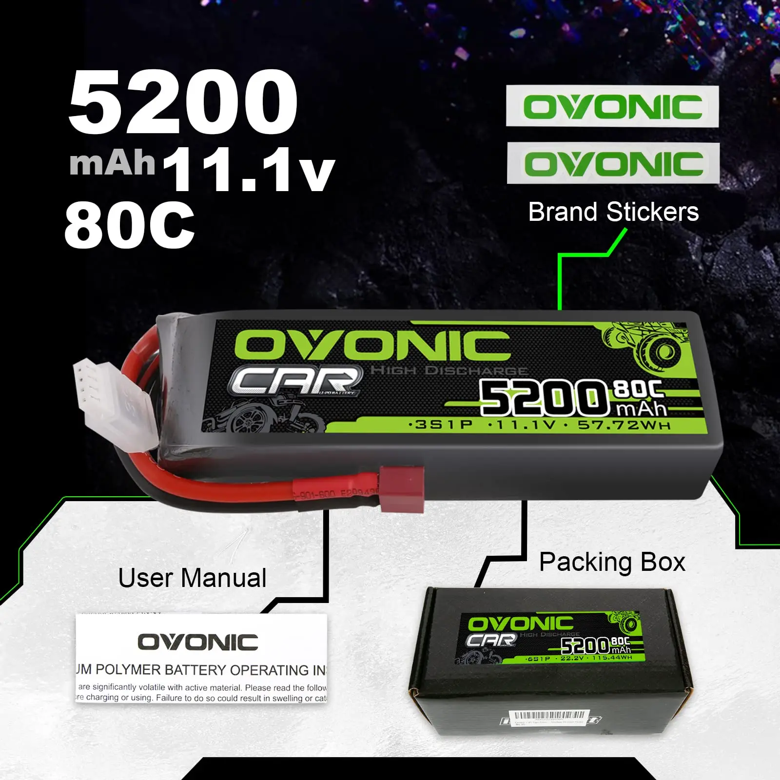 OVONIC 3S Lipo Battery 80C 5200 MAh 11.1 V Hard Case Pack with Deans T Connector for RC Car Monster Truck Crawler RC Hobby 2 Pack