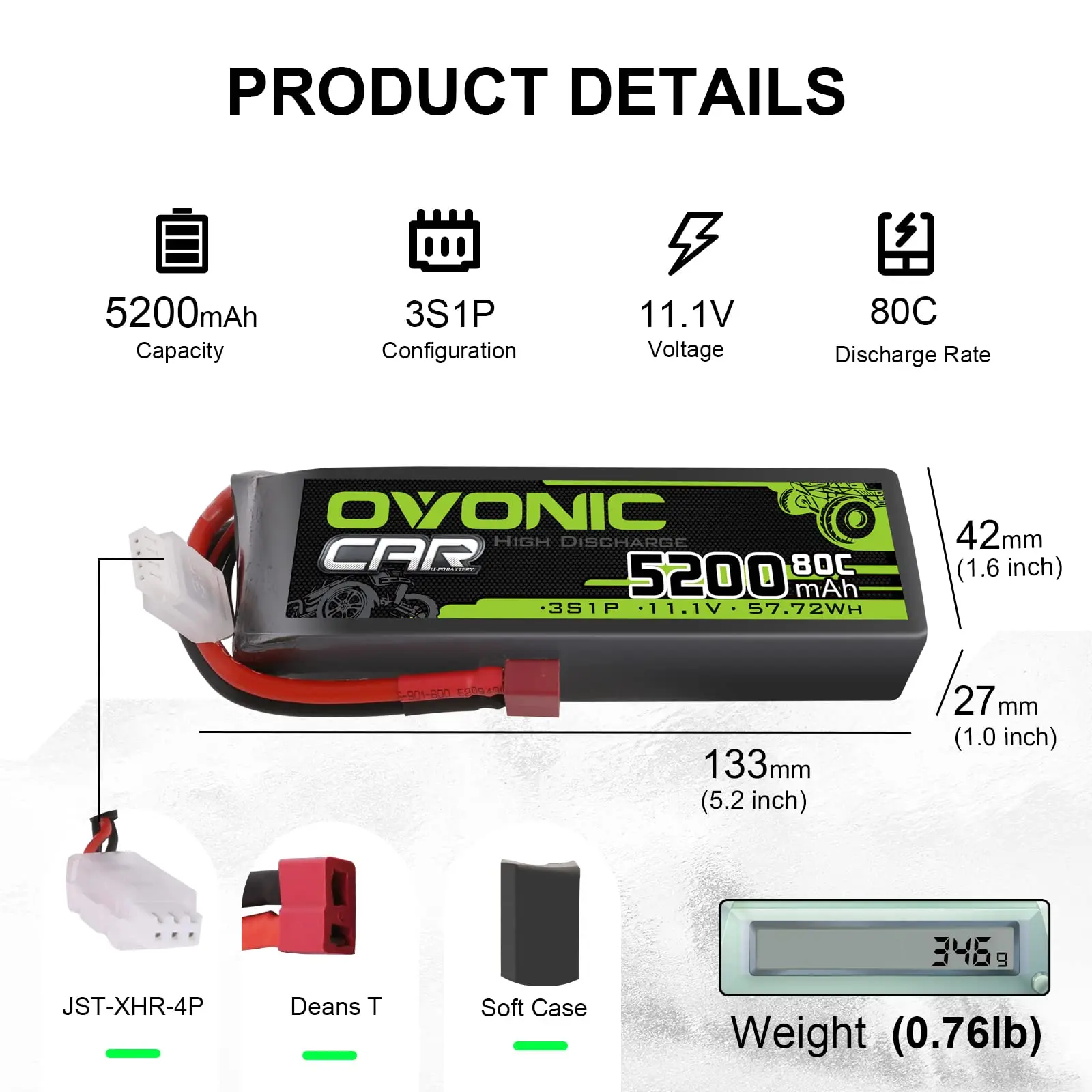 OVONIC 3S Lipo Battery 80C 5200 MAh 11.1 V Hard Case Pack with Deans T Connector for RC Car Monster Truck Crawler RC Hobby 2 Pack