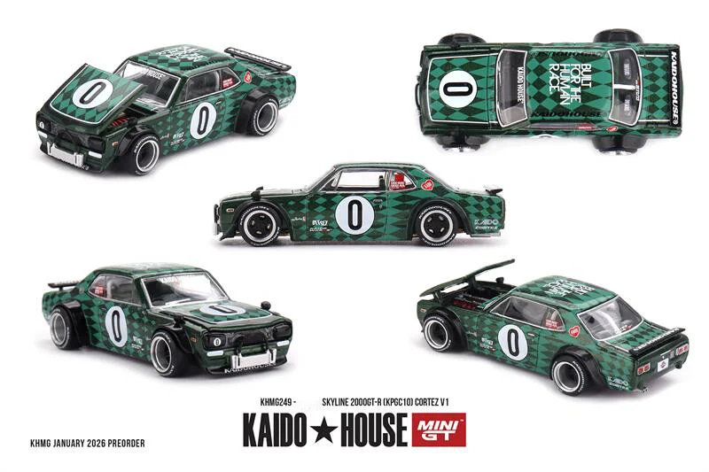 Kaido House x Mini GT 1:64 2000 (KPGC10) Cortez V1/T1 KAIDO RADVAN V1 / R33 Black Kaido Cat Die-Cast Car Models Gifts