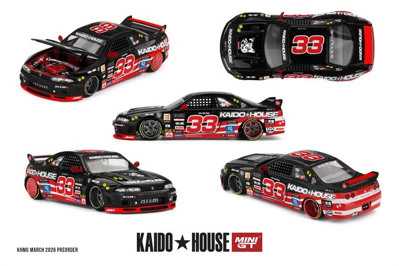 Kaido House x Mini GT 1:64 2000 (KPGC10) Cortez V1/T1 KAIDO RADVAN V1 / R33 Black Kaido Cat Die-Cast Car Models Gifts