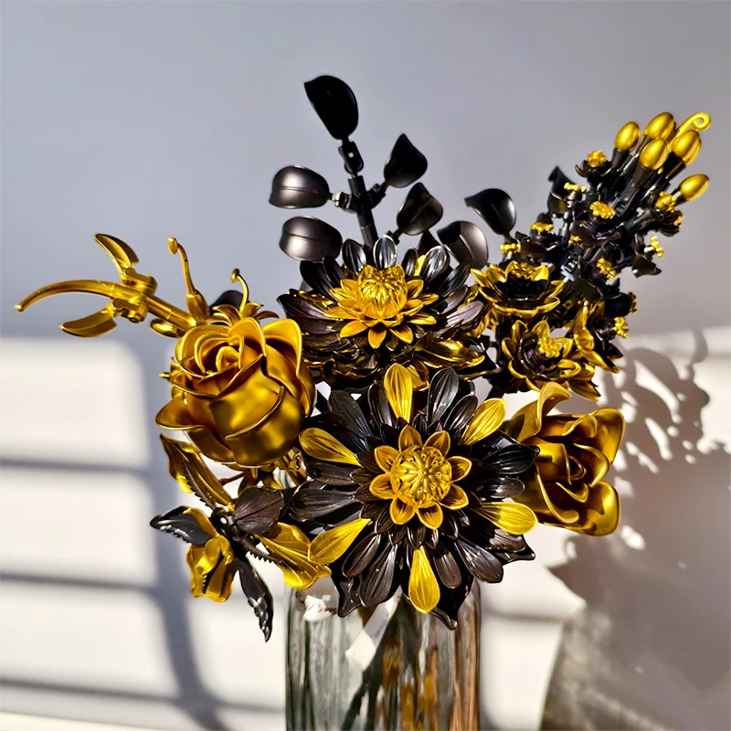 Creative Purple Flower Black Golden Rose Bouquet Building Blocks Home Desk Plant Decoration Assemble Bricks Toys Gift For Lady