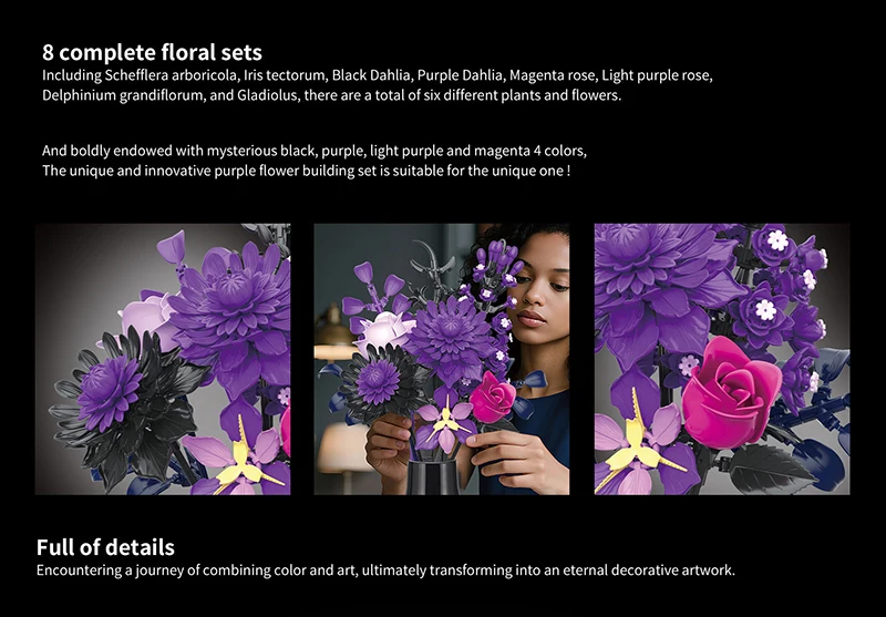 Creative Purple Flower Black Golden Rose Bouquet Building Blocks Home Desk Plant Decoration Assemble Bricks Toys Gift For Lady