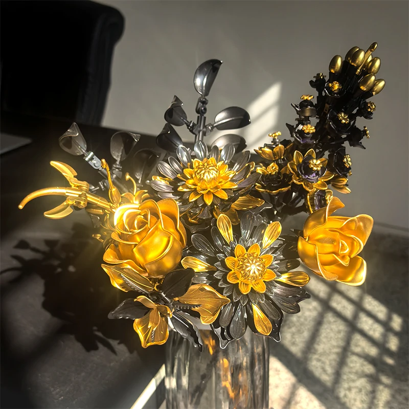 Creative Purple Flower Black Golden Rose Bouquet Building Blocks Home Desk Plant Decoration Assemble Bricks Toys Gift For Lady