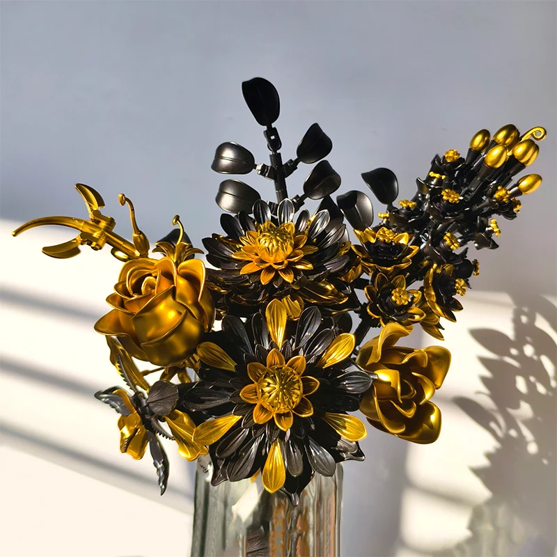 Creative Purple Flower Black Golden Rose Bouquet Building Blocks Home Desk Plant Decoration Assemble Bricks Toys Gift For Lady
