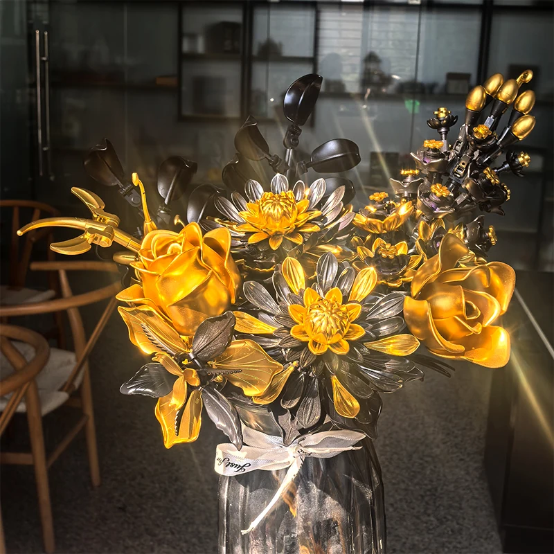Creative Purple Flower Black Golden Rose Bouquet Building Blocks Home Desk Plant Decoration Assemble Bricks Toys Gift For Lady