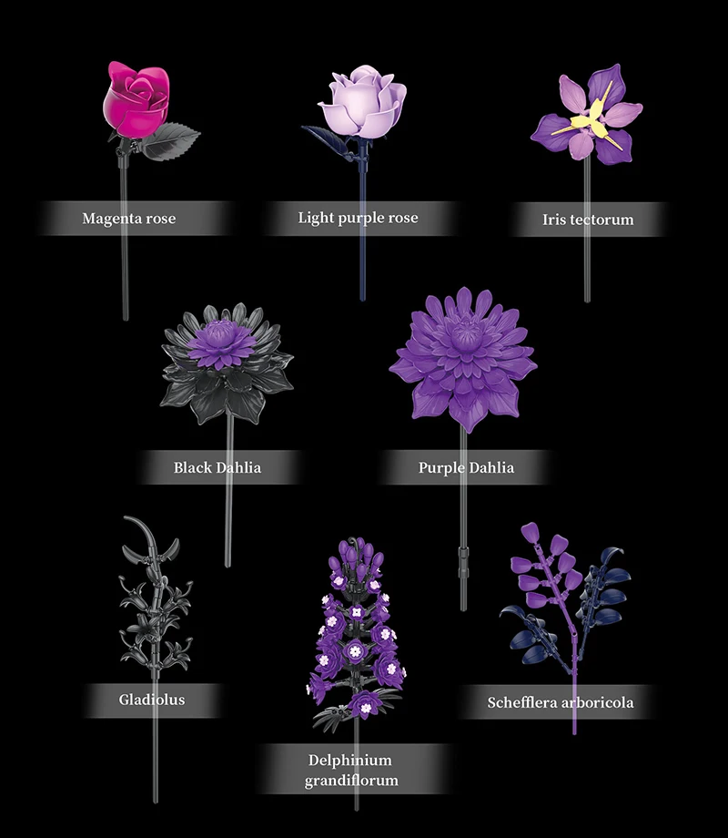 Creative Purple Flower Black Golden Rose Bouquet Building Blocks Home Desk Plant Decoration Assemble Bricks Toys Gift For Lady