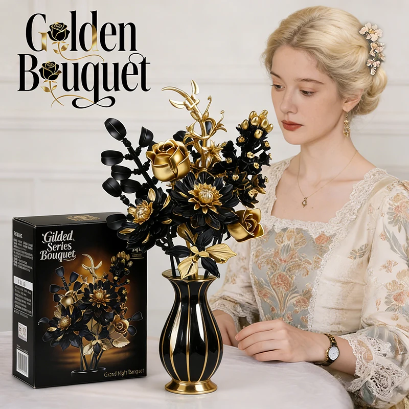 Creative Purple Flower Black Golden Rose Bouquet Building Blocks Home Desk Plant Decoration Assemble Bricks Toys Gift For Lady
