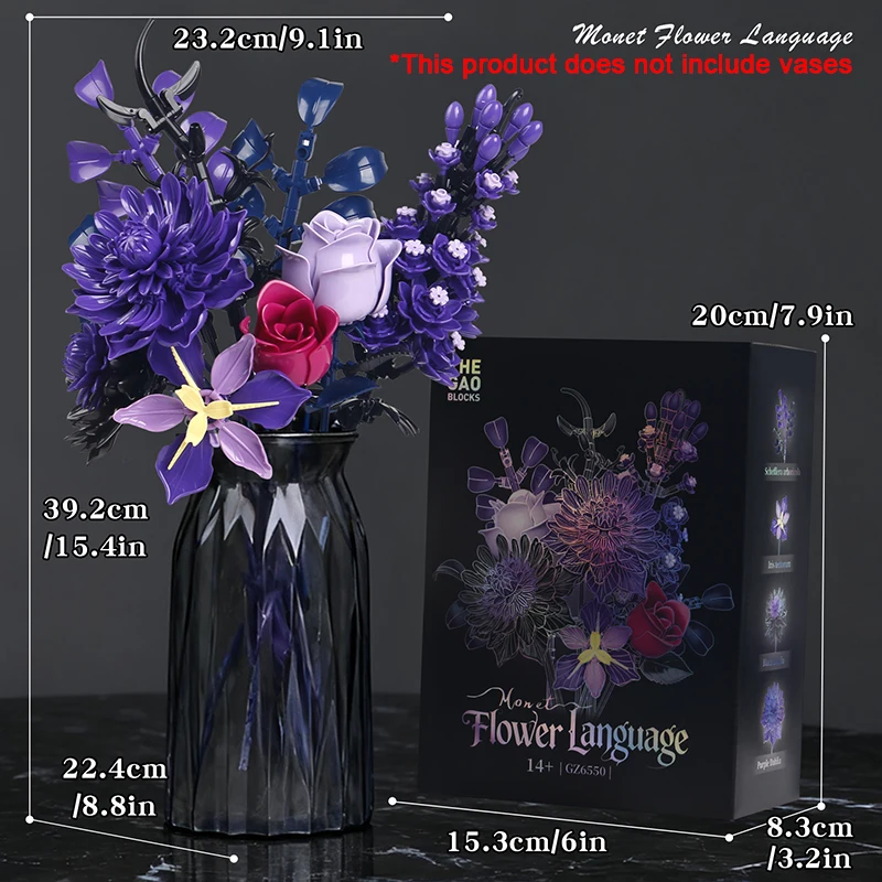 Creative Purple Flower Black Golden Rose Bouquet Building Blocks Home Desk Plant Decoration Assemble Bricks Toys Gift For Lady