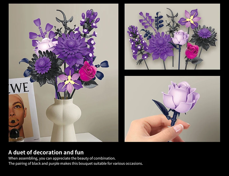Creative Purple Flower Black Golden Rose Bouquet Building Blocks Home Desk Plant Decoration Assemble Bricks Toys Gift For Lady