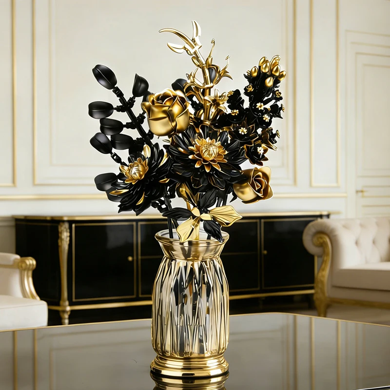 Creative Purple Flower Black Golden Rose Bouquet Building Blocks Home Desk Plant Decoration Assemble Bricks Toys Gift For Lady