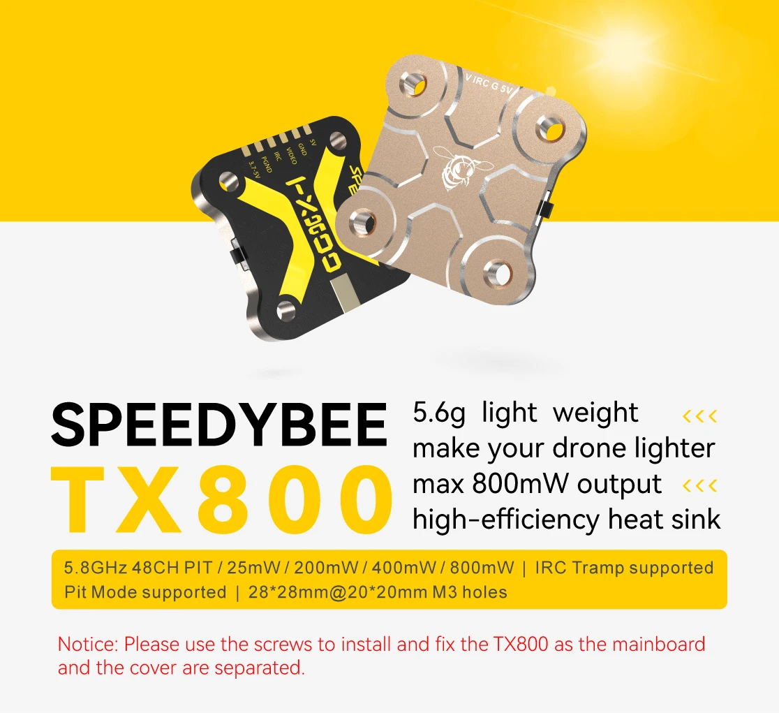 SpeedyBee TX800 VTX 5.8G 48CH PitMode 25mW/200mW/400mW/800mW Output Long Range Transmitter with 5.8 GHz Antenna For RC FPV Drone