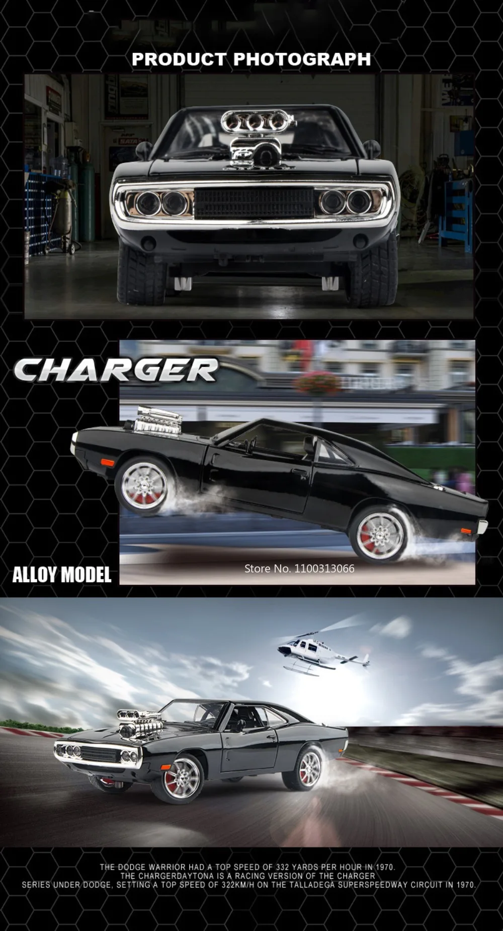 1:24 Scale Charger 1970 Alloy Car Model Toys Diecasts Metal High Simulation Vehicle with Sound and Light Car Toys Gifts for Boys