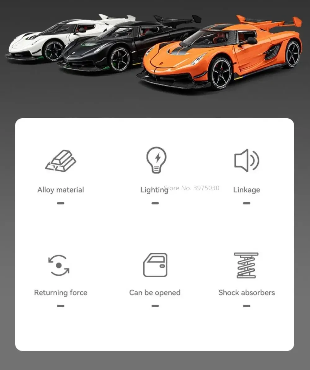 1:24 Scale Jesko Sports Cars Models Toys Alloy Diecast Wheel Pull Back Supercar 4 Doors Opened Vehicles for Boys Birthday Gifts