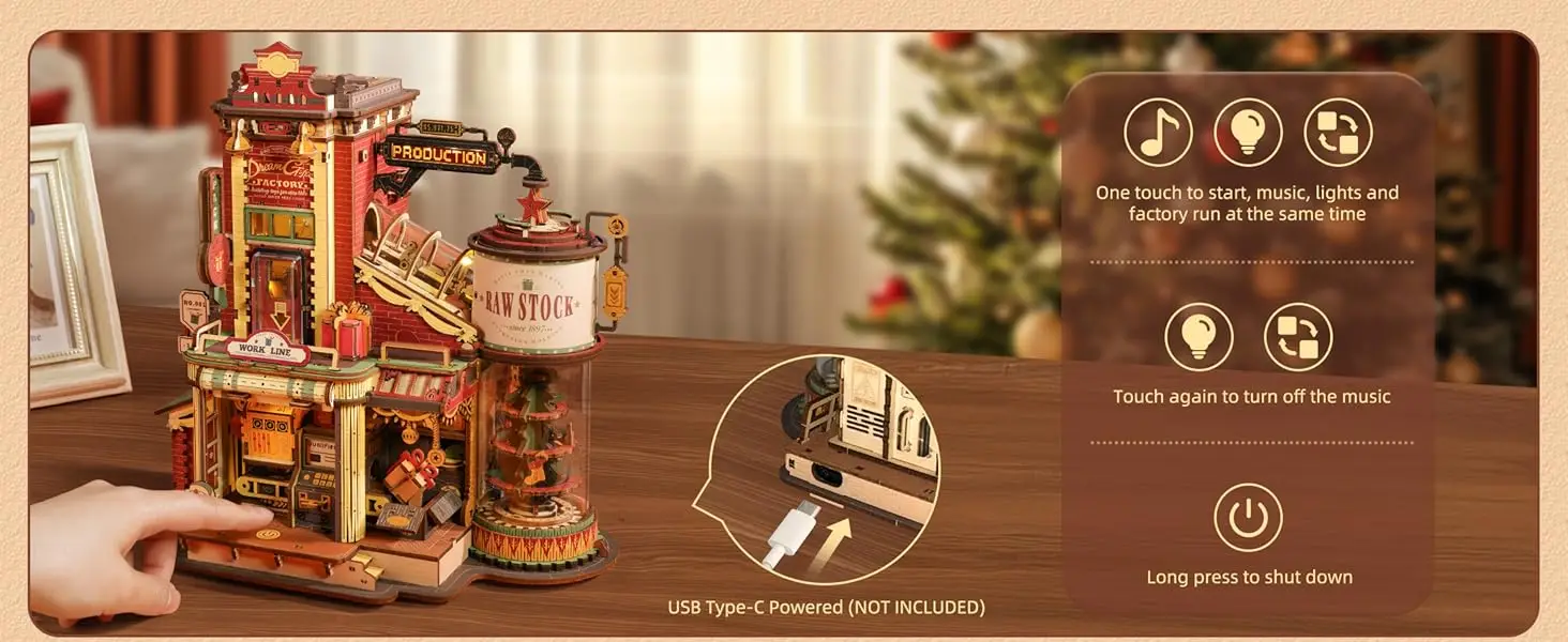 ROKR Dream Gift Factory Wooden 3D Puzzle DIY Mini Dollhouse Model Building Kit with Music & LED Lights 449 Pieces Assembly Toys for Adults Teens