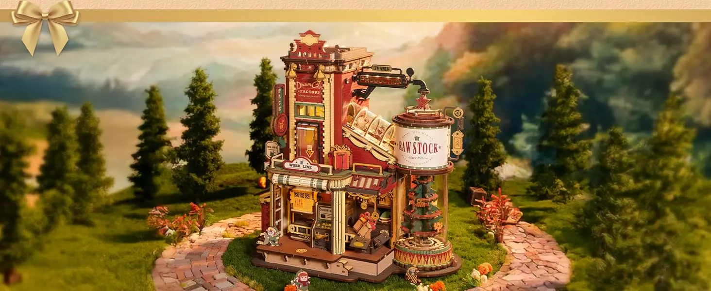 ROKR Dream Gift Factory Wooden 3D Puzzle DIY Mini Dollhouse Model Building Kit with Music & LED Lights 449 Pieces Assembly Toys for Adults Teens