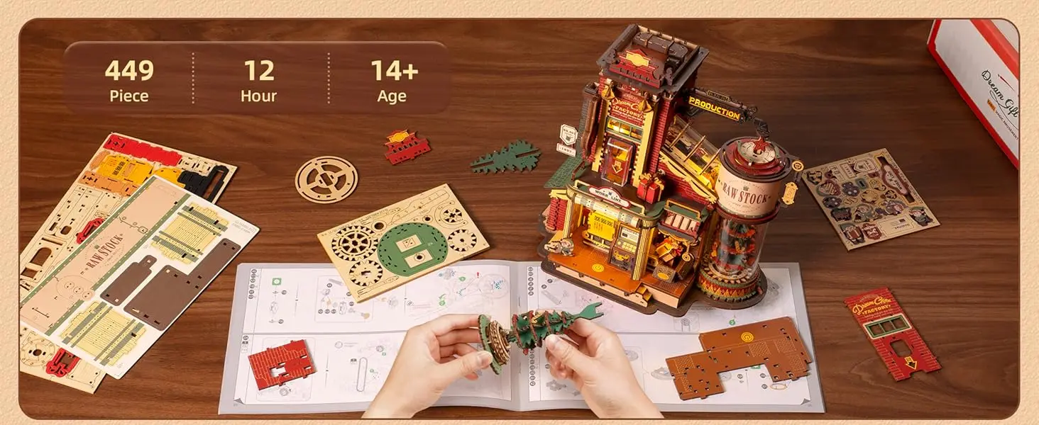 ROKR Dream Gift Factory Wooden 3D Puzzle DIY Mini Dollhouse Model Building Kit with Music & LED Lights 449 Pieces Assembly Toys for Adults Teens