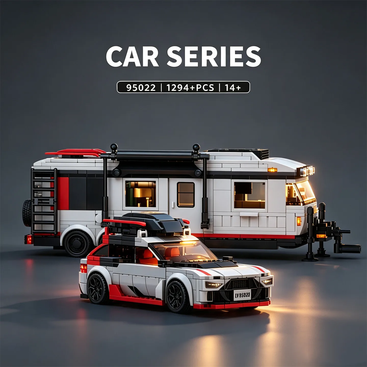 MOC City Series RS6 Ski Edition Towing Set with Caravan & Tow Vehicle – Building Block Toy Model Kit