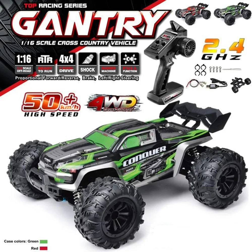 Wltoys Rc Car 1:16 50Km/H High Speed 4Wd Off-Road Monster Truck 2.4Ghz Remote Control Electric Vehicle Rechargeable 7.4V Battery Led Headlights Metal Gears Independent Suspension Hobby Toy for Adults Gift