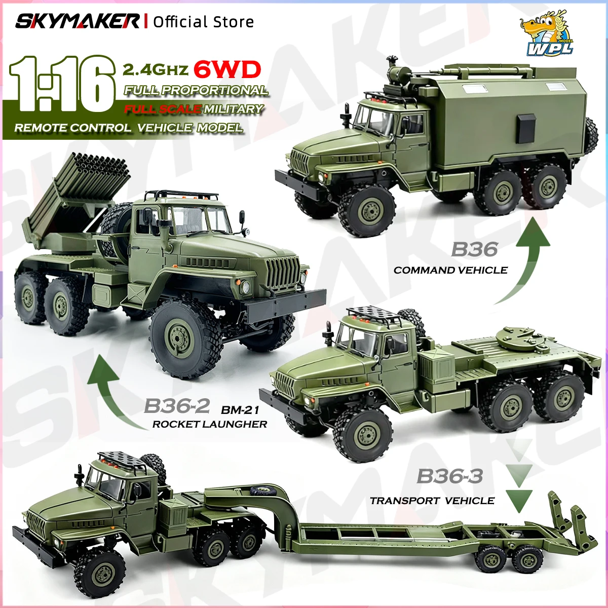 WPL B36 B36-2 B36-3 6WD RC Car 1:16 Full Scale Military Transport Vehicle Model Six Wheel Drive Climbing Off-Road RC Truck Toys