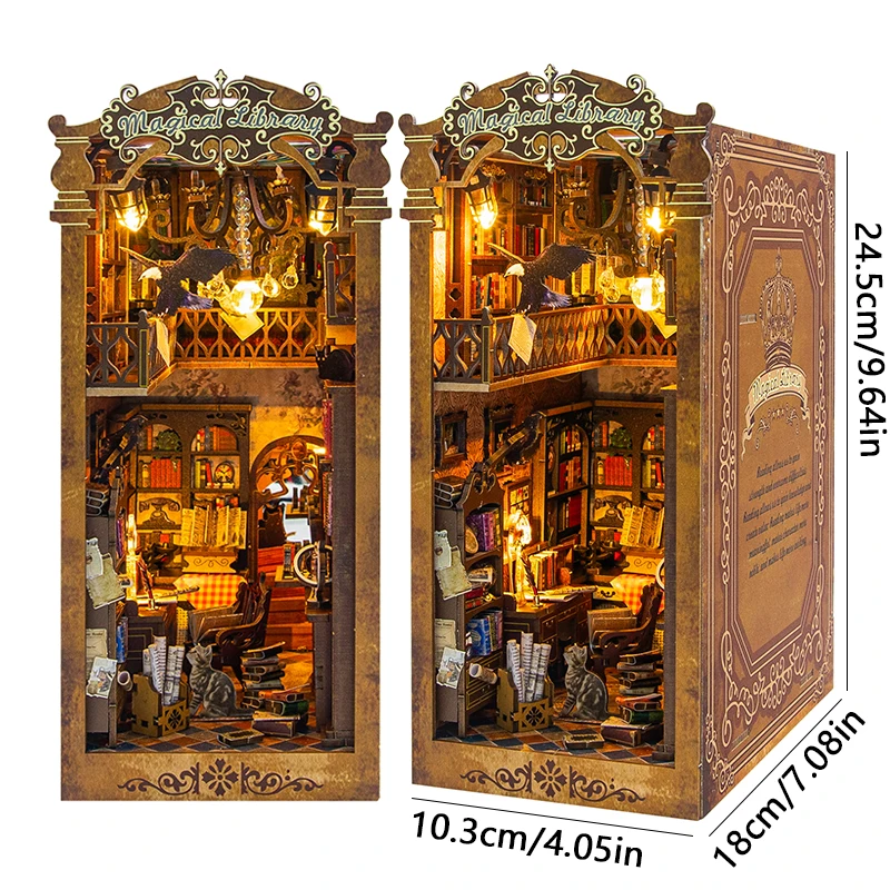 Magical Library DIY Book Nook Kit Miniature Bookshelf Insert with LED Light 3D Wooden Puzzle Building Kit Craft Gift Dollhouse