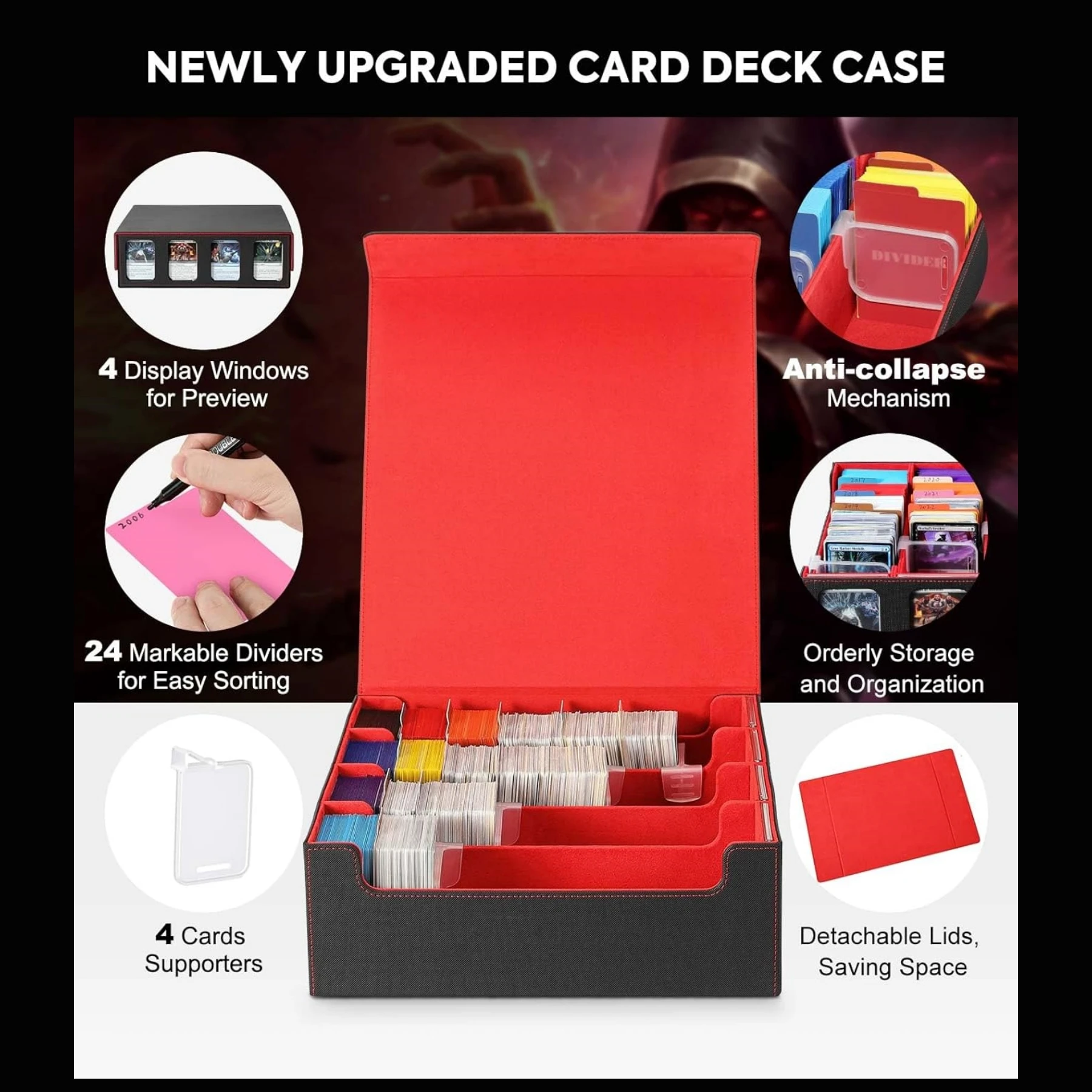 Trading Card Storage Box for 3000+ Cards With Display Windows, Premium Game Card Storage Box With Card Supporters & Divider