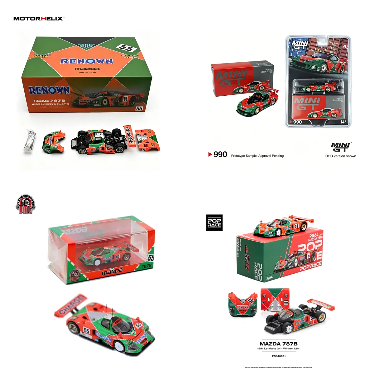 in Stock 1:64 MotorHelix/BMC/Pop Race/MiniGT Mazda 787B #55 Renown 1991 Le Mans 24H Winner Full Collection Diecast Model Car