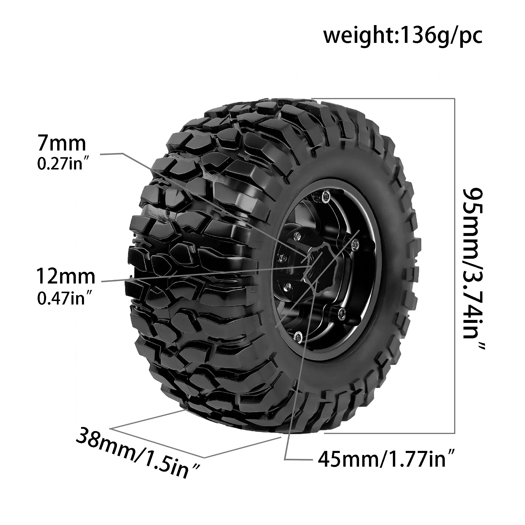 1.9'' Rock Crawler Tires and Wheel OD 95mm/3.74'' (4PCS) For 1/12 RC Crawler MJX H12Y+ H12P Upgrade Replacement Tires