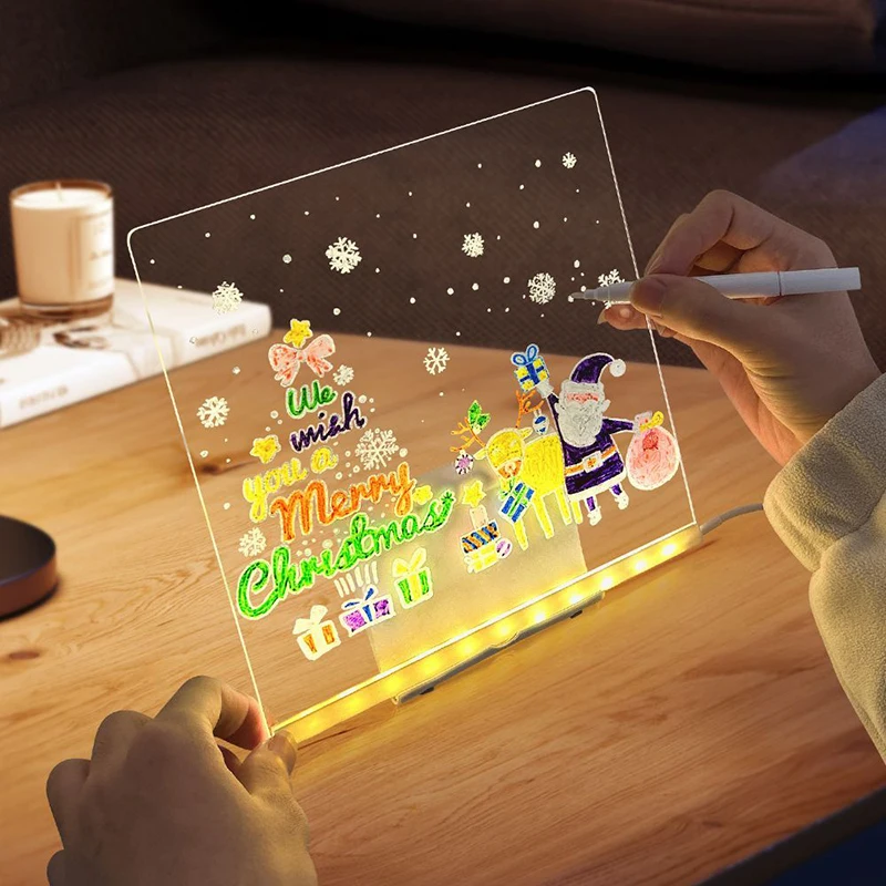 Acrylic Clear Light Up Drawing Board,Glow Erasable Memo LED Magic Board , Kids DIY Toys , with 7 Color Markers Pen and Stand