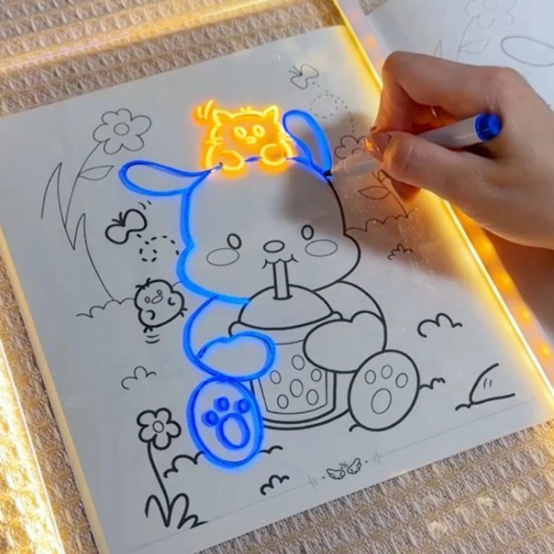 Acrylic Clear Light Up Drawing Board,Glow Erasable Memo LED Magic Board , Kids DIY Toys , with 7 Color Markers Pen and Stand
