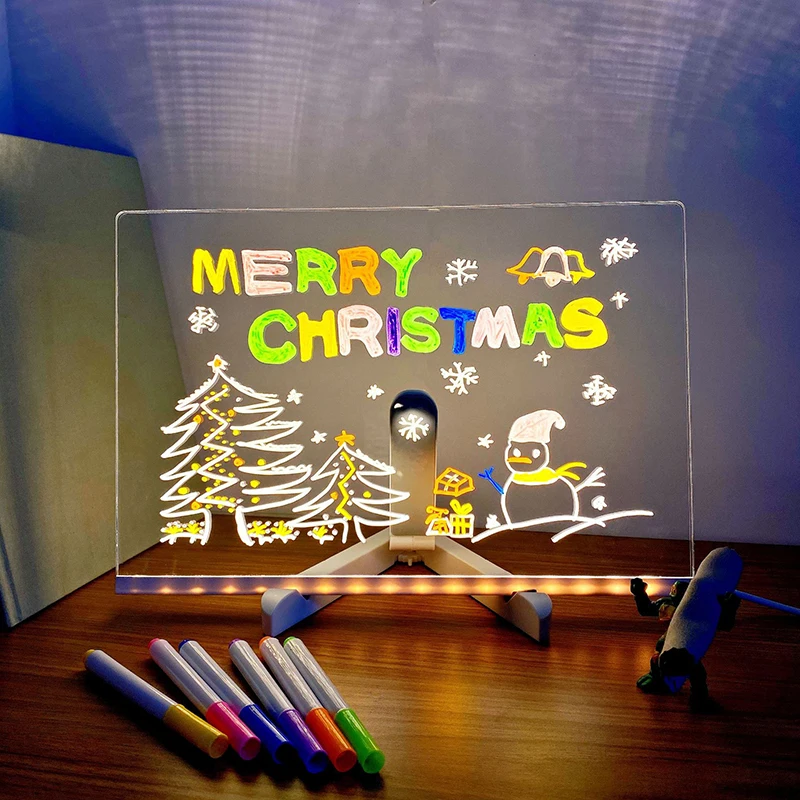 Acrylic Clear Light Up Drawing Board,Glow Erasable Memo LED Magic Board , Kids DIY Toys , with 7 Color Markers Pen and Stand