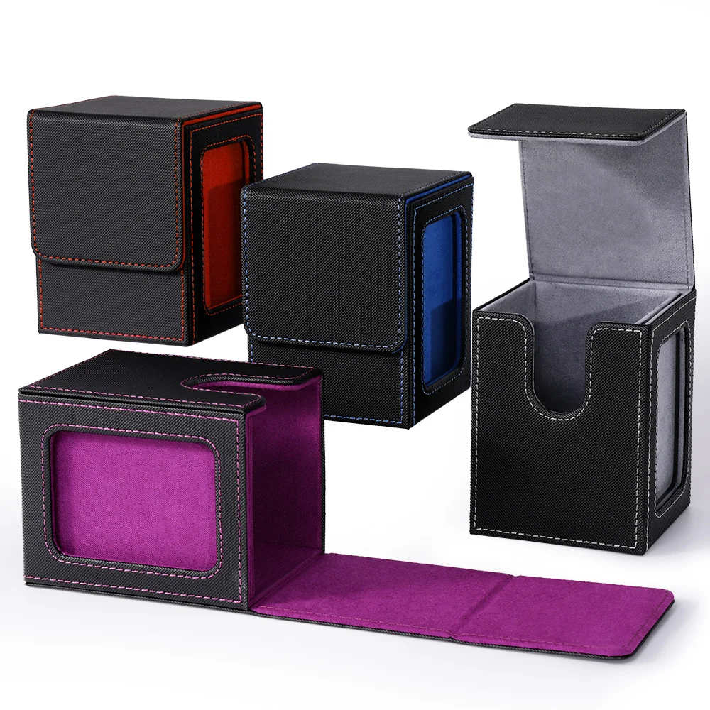 4 Pack Card Deck Box with Display Window, Hold 120+ Single Sleeved Cards, Magnetic Closure PU Leather Card Box for TCG Cards