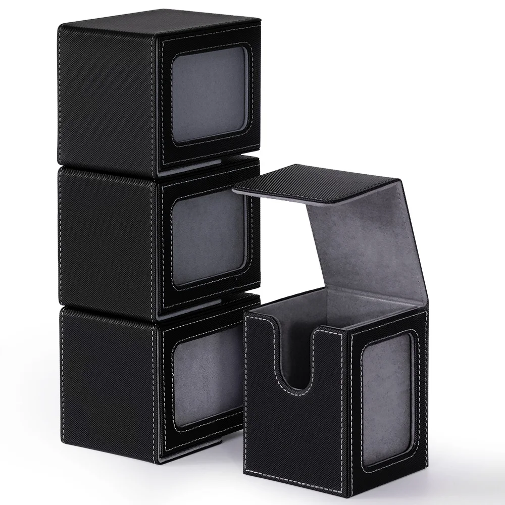 4 Pack Card Deck Box with Display Window, Hold 120+ Single Sleeved Cards, Magnetic Closure PU Leather Card Box for TCG Cards