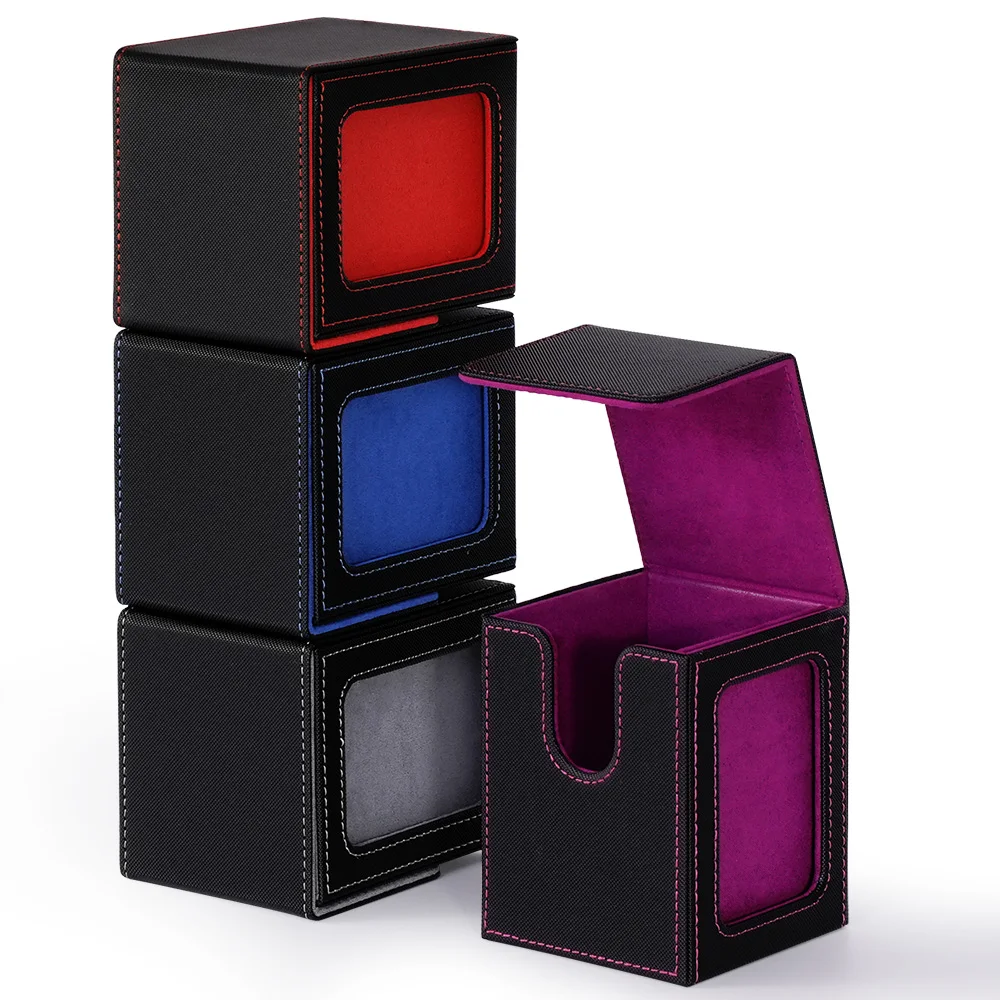 4 Pack Card Deck Box with Display Window, Hold 120+ Single Sleeved Cards, Magnetic Closure PU Leather Card Box for TCG Cards