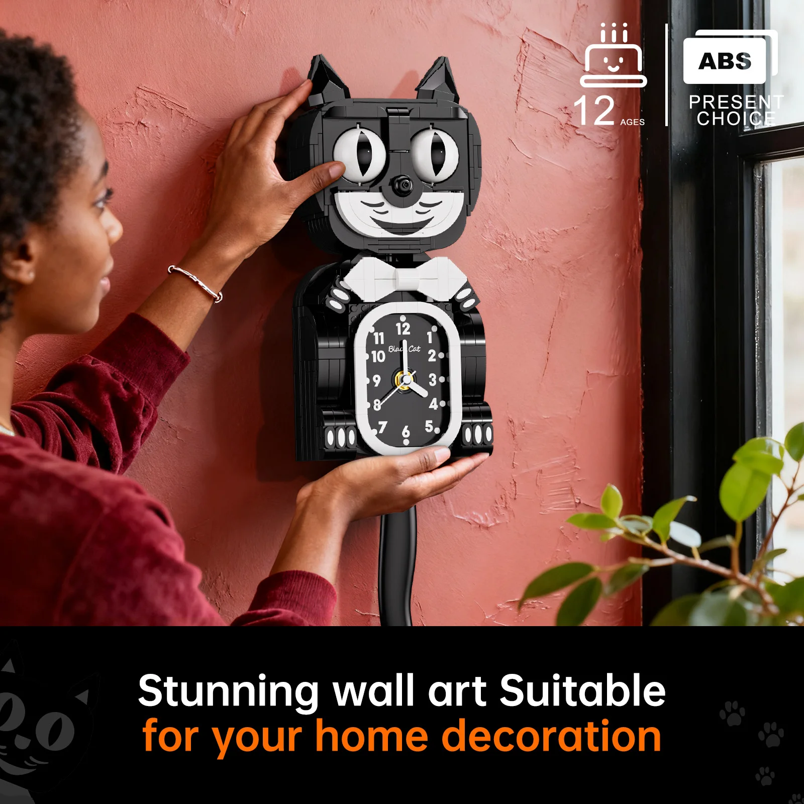 JAKI Classic Black Cat Clock Building Blocks Vintage Cartoon Brick Toy Retro Tail Wagging Desktop Decor Gift