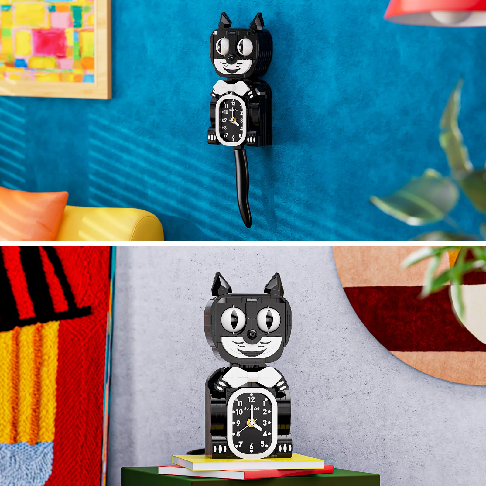 JAKI Classic Black Cat Clock Building Blocks Vintage Cartoon Brick Toy Retro Tail Wagging Desktop Decor Gift