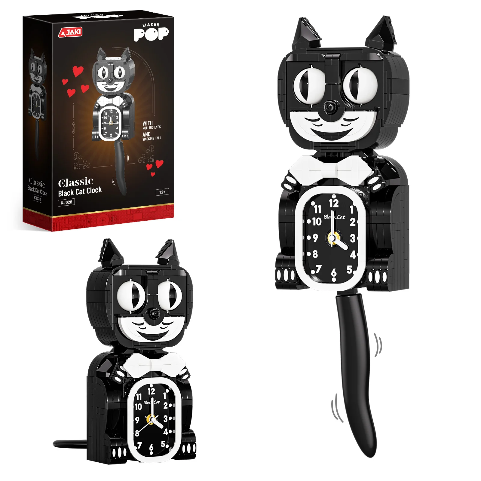 JAKI Classic Black Cat Clock Building Blocks Vintage Cartoon Brick Toy Retro Tail Wagging Desktop Decor Gift