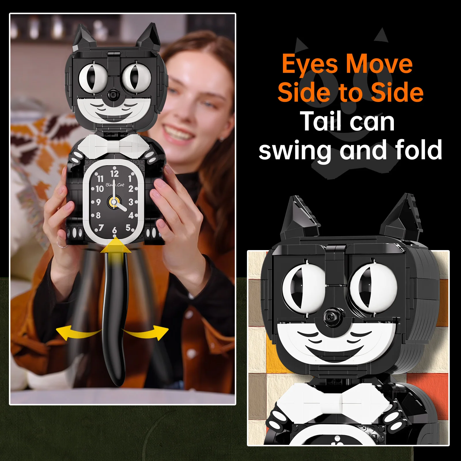JAKI Classic Black Cat Clock Building Blocks Vintage Cartoon Brick Toy Retro Tail Wagging Desktop Decor Gift