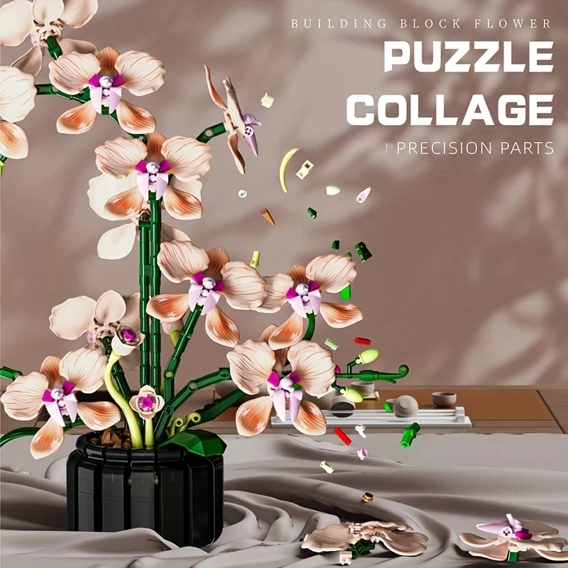 Potted Orchid Flower Building Block Set Artificial Plant Brick Model Elegant Desktop Decoration For Office Living Room Bedroom Wedding Party Romantic Valentine Anniversary Gift For Women Lovers