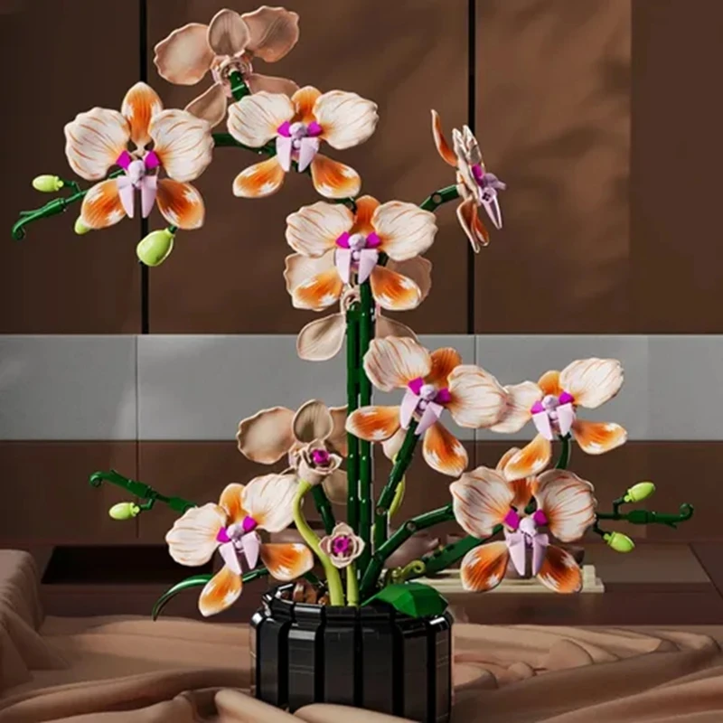 Potted Orchid Flower Building Block Set Artificial Plant Brick Model Elegant Desktop Decoration For Office Living Room Bedroom Wedding Party Romantic Valentine Anniversary Gift For Women Lovers
