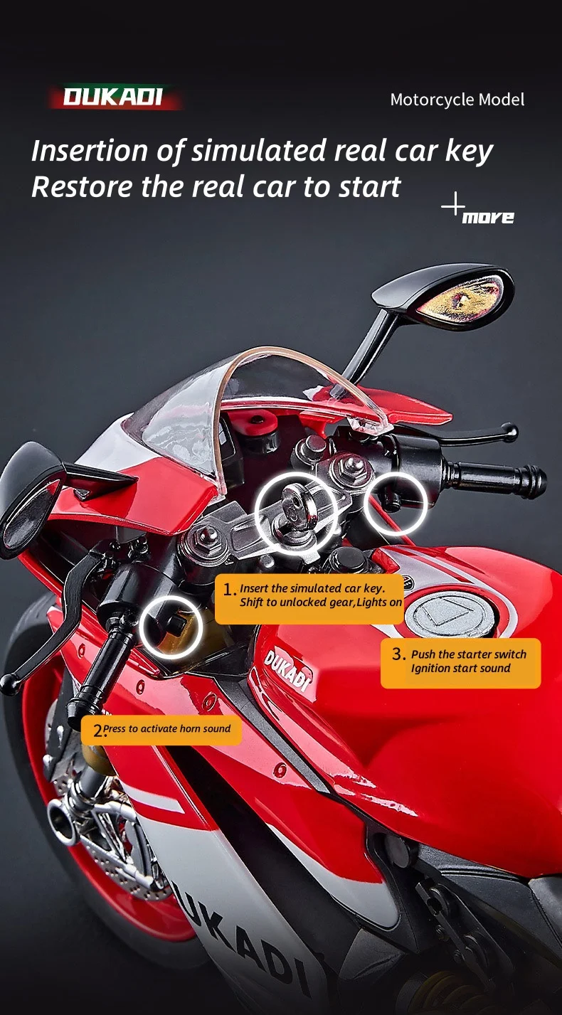 Key Start 1:9 1199 Panigale Alloy Sports Motorcycle Model Diecast Track Racing Motorcycle Model With Spray Sound Light Kids Toys