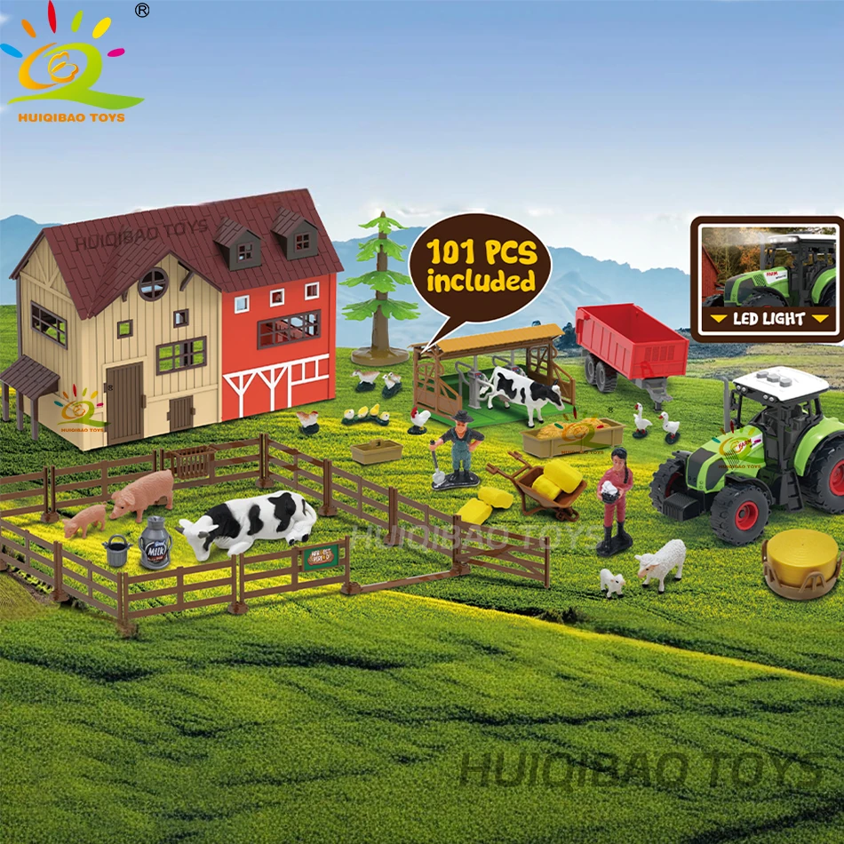 HUIQIBAO Simulation Farm Animals Barn Model Assembly Farmhouse Fence Poultry Cow Craft Play House Toys for Children Holiday Gift