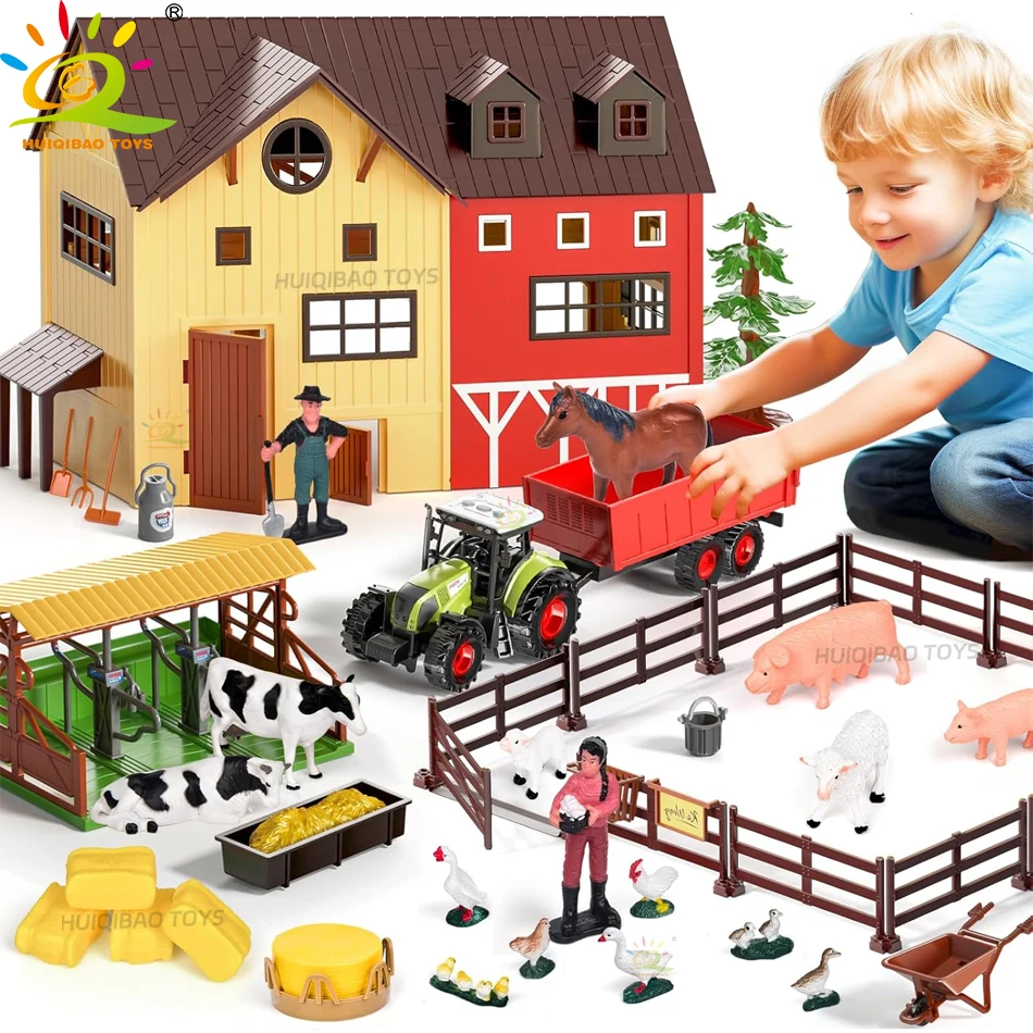 HUIQIBAO Simulation Farm Animals Barn Model Assembly Farmhouse Fence Poultry Cow Craft Play House Toys for Children Holiday Gift