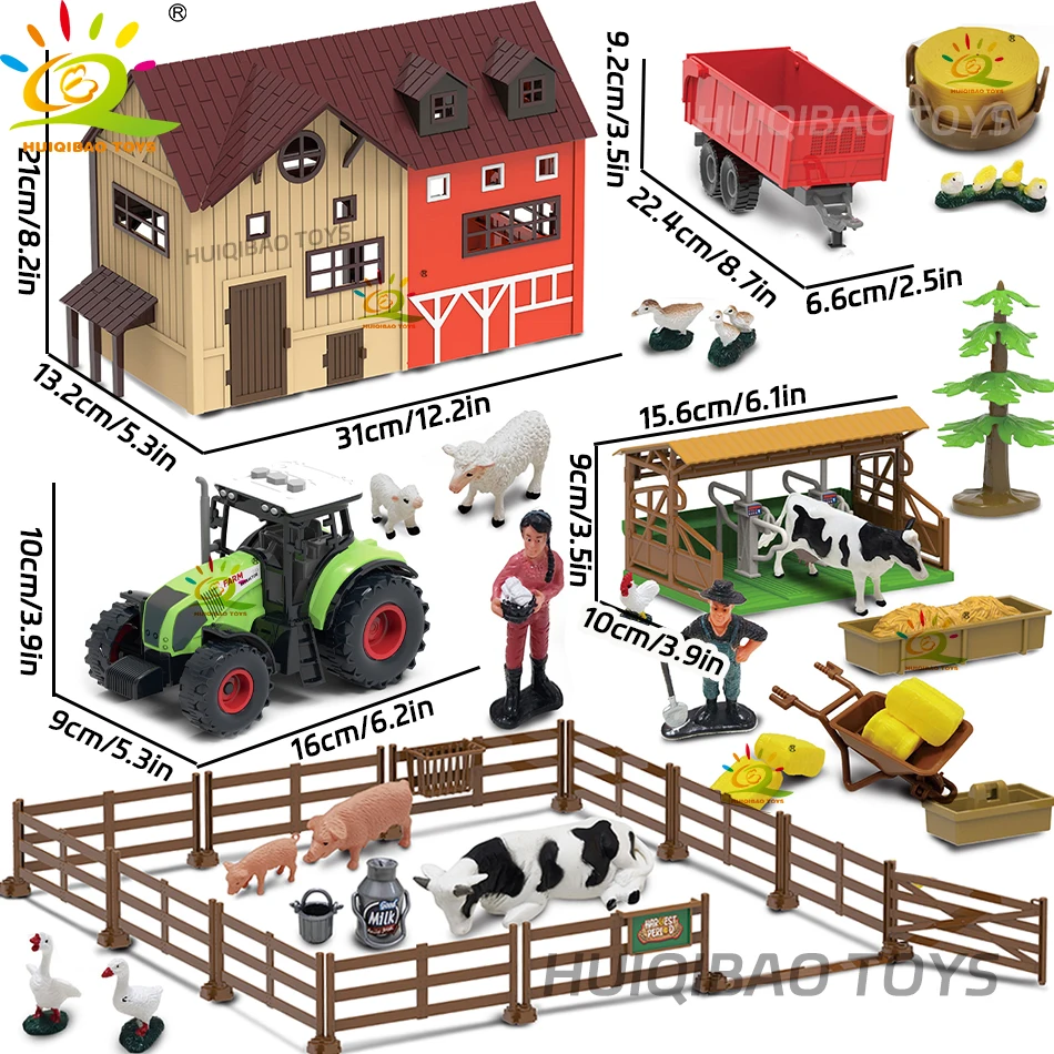 HUIQIBAO Simulation Farm Animals Barn Model Assembly Farmhouse Fence Poultry Cow Craft Play House Toys for Children Holiday Gift