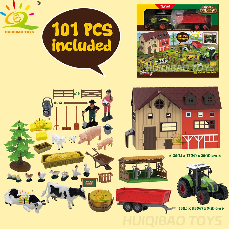 HUIQIBAO Simulation Farm Animals Barn Model Assembly Farmhouse Fence Poultry Cow Craft Play House Toys for Children Holiday Gift