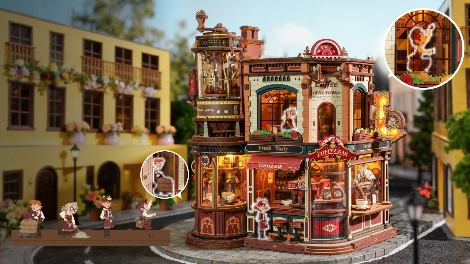 Robotime Dream Coffee Factory 3D Wooden Puzzle Model Kit for Adults Gear-Driven Mechanical DIY Craft with Moving Parts Desk Decor Gift Book Nook EAB02