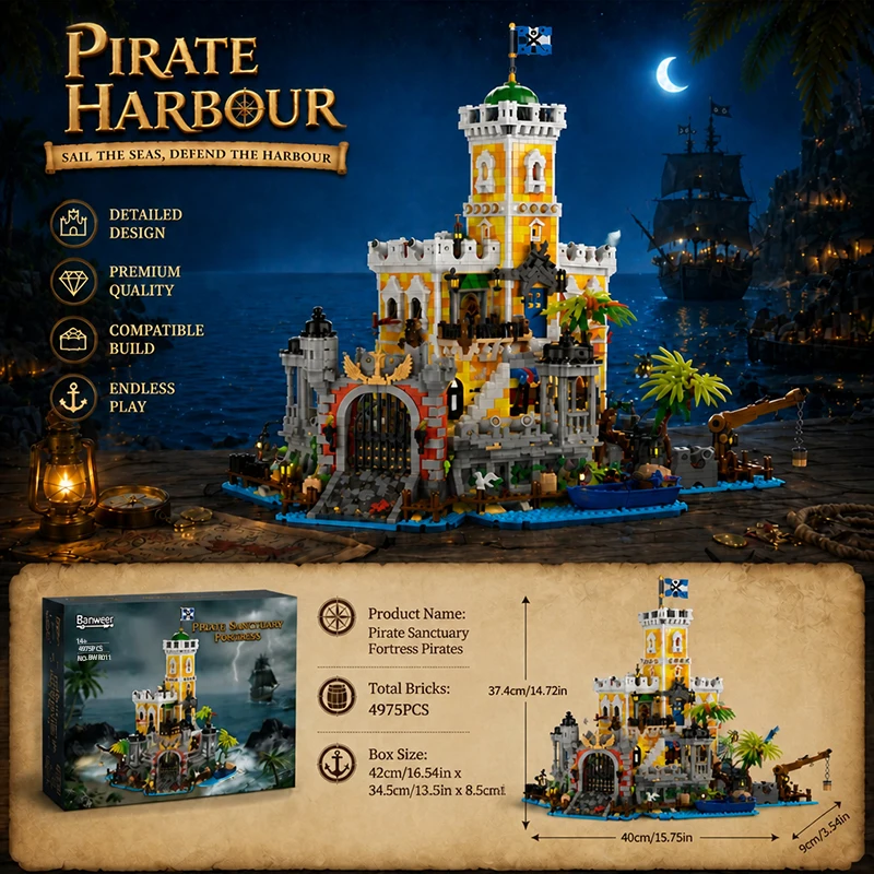 Pirate Harbour Medieval Castle Lighting Building Blocks Retro Street View Modular Assembly Model Bricks Collectible Creative Adult Gift 4975PCS