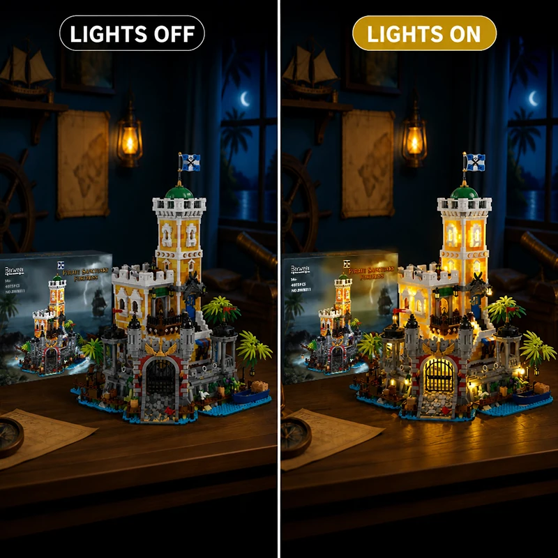 Pirate Harbour Medieval Castle Lighting Building Blocks Retro Street View Modular Assembly Model Bricks Collectible Creative Adult Gift 4975PCS