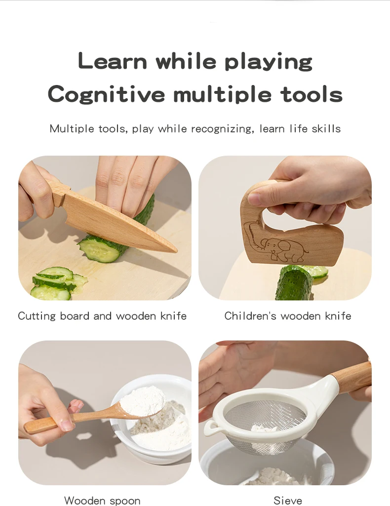 Wooden Kids Safe Knife and Kids Baking Set for Real Cooking,Kids Kitchen Toy Montessori Education Tools Gifts For Boys Girls