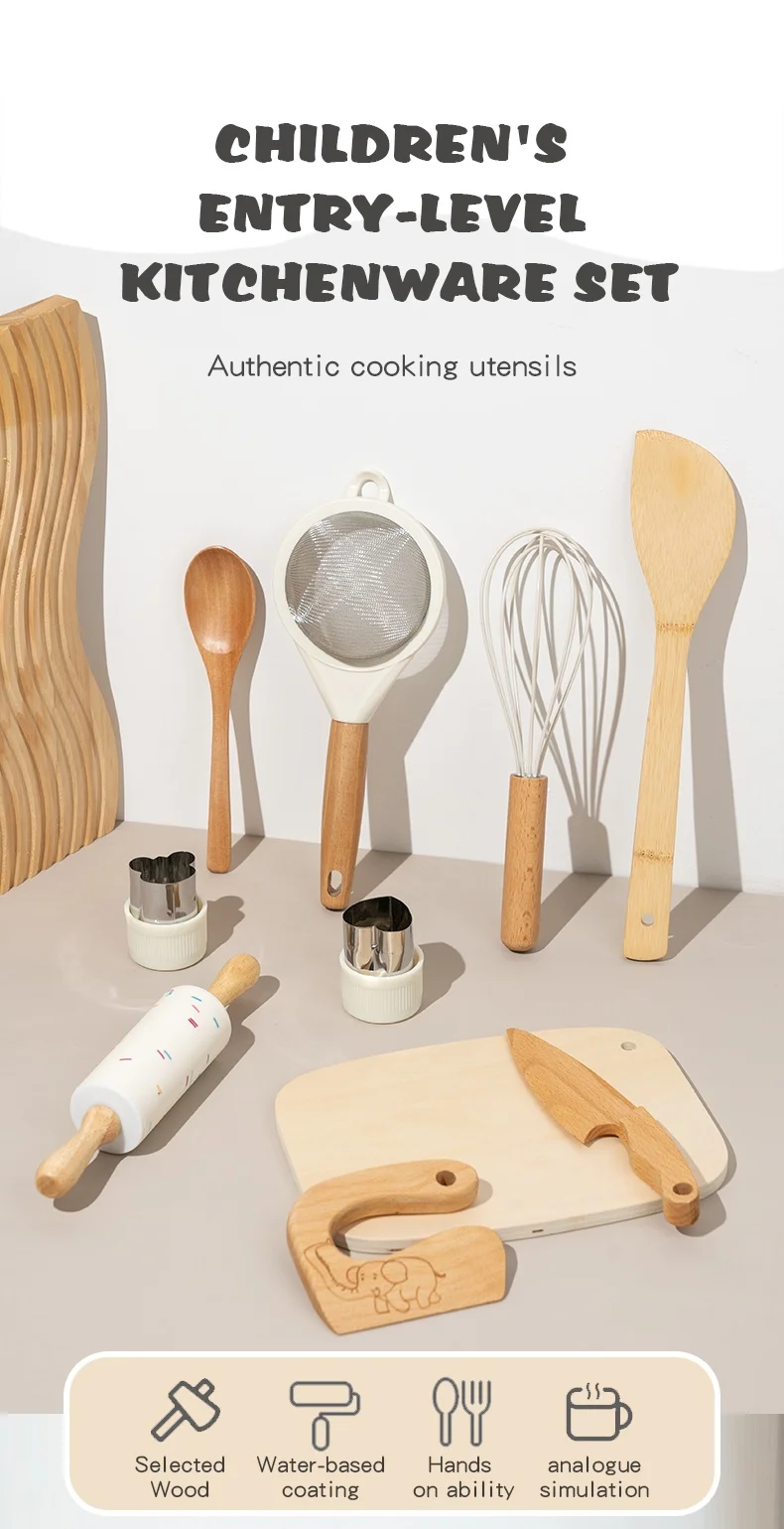Wooden Kids Safe Knife and Kids Baking Set for Real Cooking,Kids Kitchen Toy Montessori Education Tools Gifts For Boys Girls