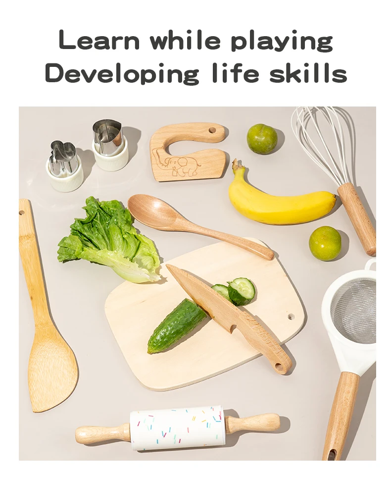 Wooden Kids Safe Knife and Kids Baking Set for Real Cooking,Kids Kitchen Toy Montessori Education Tools Gifts For Boys Girls
